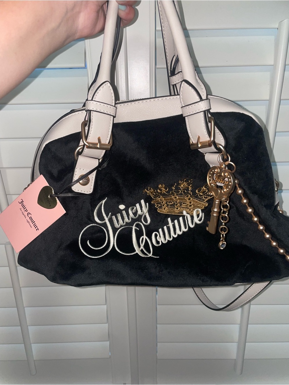 Juicy Couture Black Velvet Satchel with Cream Handles & Gold Accents